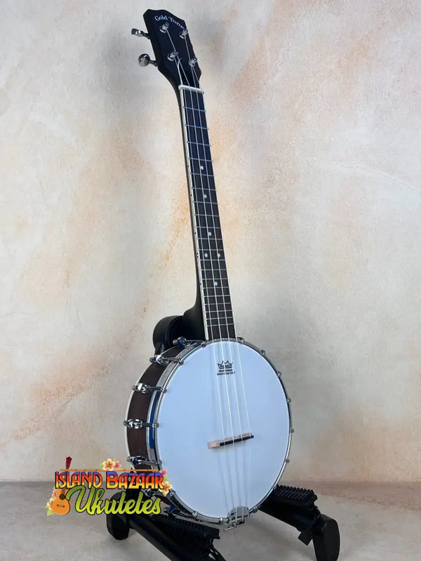 Gold Tone Tenor-Scale Banjolele with case, featuring black rim and plate-style resonator