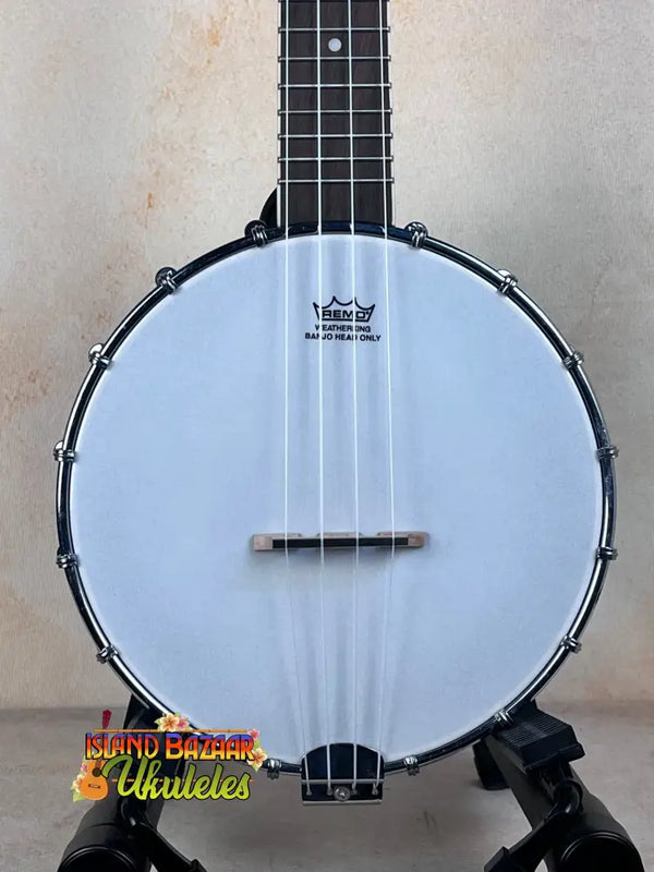 White-headed Gold Tone Tenor-Scale Banjolele with black trim and metal hardware