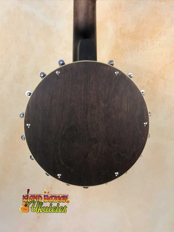 Dark wooden banjo back with metal hooks from Goldtone Concert Banjolele Maple Rimmed