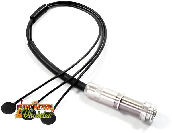 Black earbuds connected to a metallic connector for K&K Pure Mini Guitar Pickup