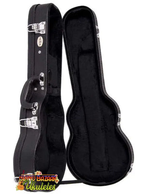 Black hardshell guitar case with chrome latches and plush interior for Kala Archtop Concert