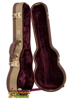 Brown hardshell guitar case with burgundy velvet lining for Kala Archtop Tenor Uke