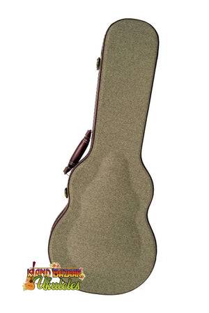 Olive-colored hardshell guitar case with brown leather handles for Kala Archtop Tenor