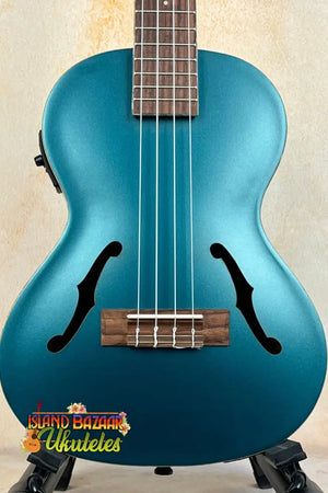 Metallic teal Kala Archtop Tenor Ukulele KA-JTE-BKGN with f-holes and wooden fretboard