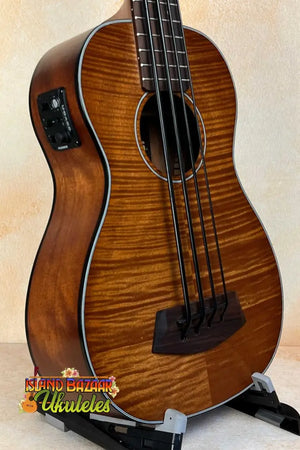 Beautiful Brown Acoustic-Electric Bass Ukulele with Flamed Wood Grain, Kala EM-FS Exotic Macawood Tenor