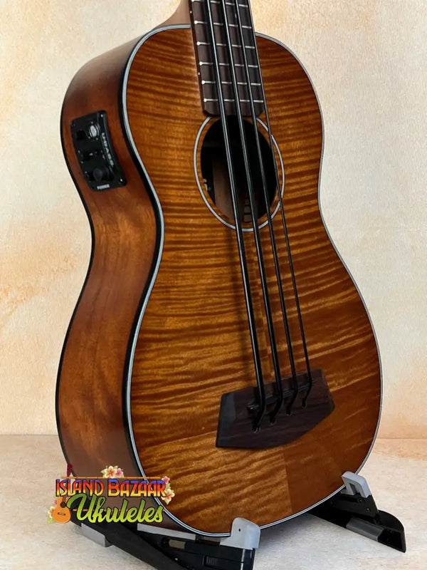 Beautiful Brown Acoustic-Electric Bass Ukulele with Flamed Wood Grain, Kala EM-FS Exotic Macawood Tenor