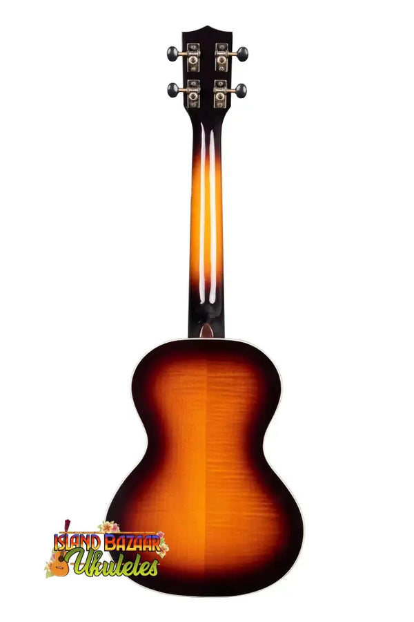 Sunburst-colored Kala Flame Maple Tenor Ukulele Tobacco Burst KA-FMTB-T with dark headstock