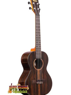 Dark brown Kala Gloss Ziricote tenor ukulele with striped wood grain pattern