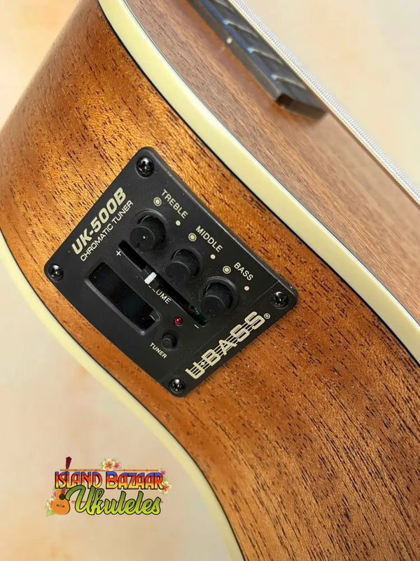 Electronic preamp control panel on a Kala Journeyman U•Bass® with F-holes guitar body