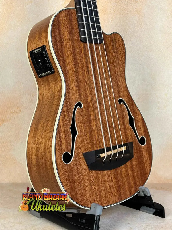 Acoustic-electric Kala Journeyman U•BASS® with f-holes in mahogany wood construction