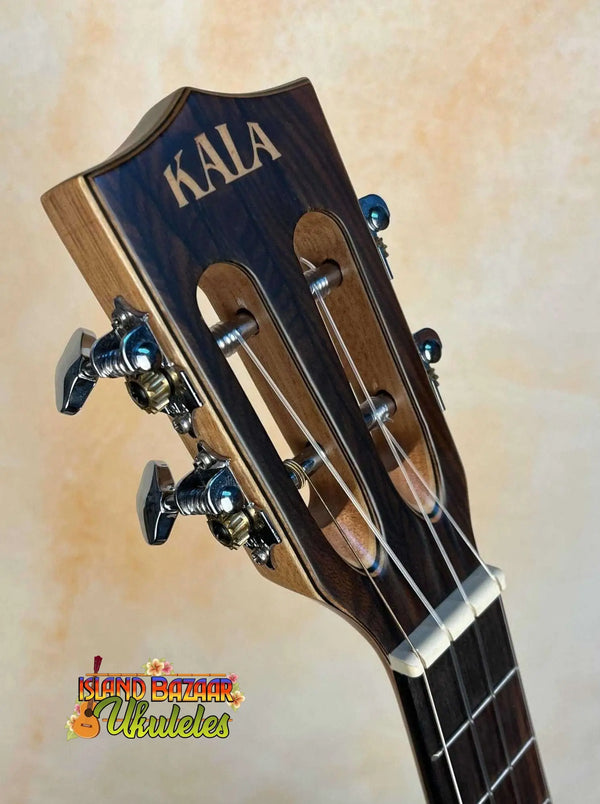 Kala KA-ASZCT-ST Super Tenor Ukulele headstock with black tuning pegs and spruce & ziricote