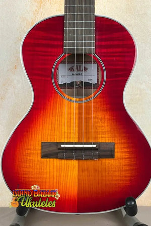 Red and orange sunburst tenor ukulele with gloss flame maple cherry burst top