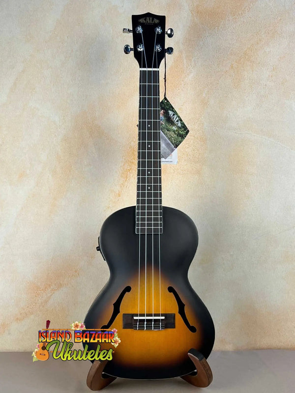 Sunburst acoustic-electric Archtop Tenor Ukulele, Kala KA-JTE-2TS, with f-holes and black headstock