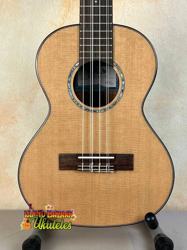 Natural wood tenor ukulele with rosette and binding, Kala KA-SCAC-T6 6-string tenor ukulele