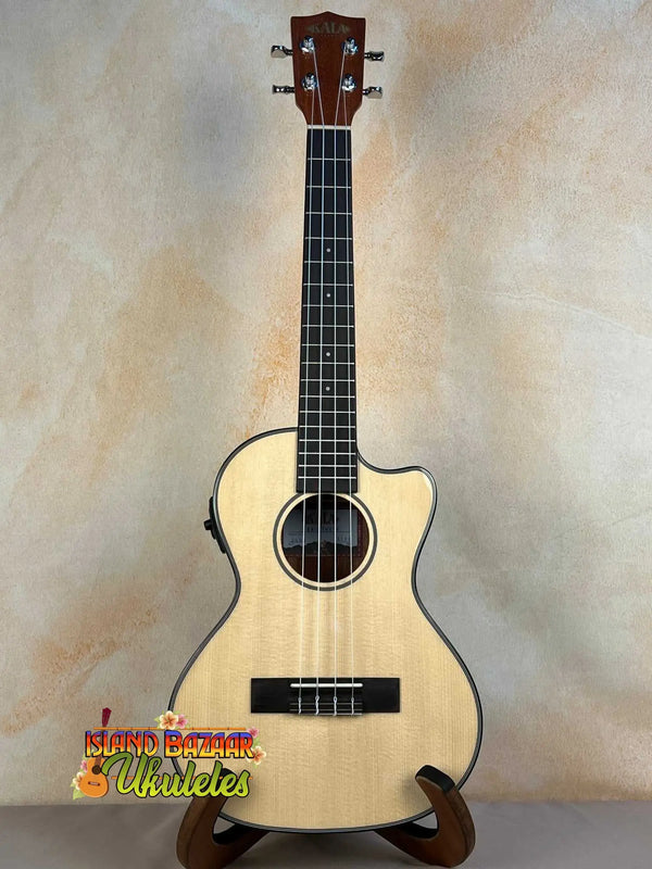 Natural wood Kala KA-STGE-C Tenor Ukulele with mahogany cutaway and built-in EQ