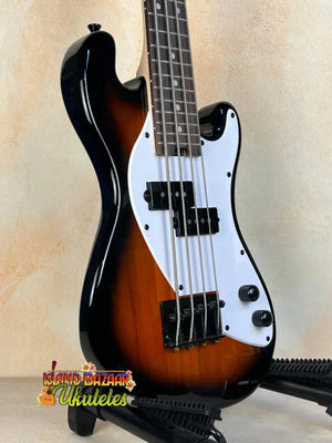 Sunburst-colored Precision Bass guitar with white pickguard in Kala Solid Body 4-String Tobacco Burst Fretted U•BASS® Ukulele