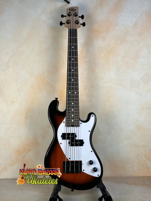 Sunburst-colored electric bass guitar featured in Kala Solid Body 4-String Tobacco Burst Fretted U•BASS® Ukulele