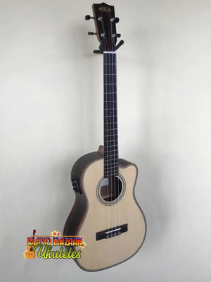 Natural wood Kala Spruce Baritone Ukulele with dark binding and EQ, featuring striped ebony
