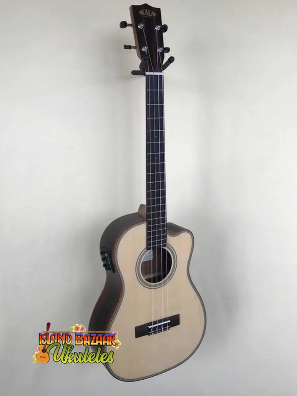 Natural wood Kala Spruce Baritone Ukulele with dark binding and EQ, featuring striped ebony