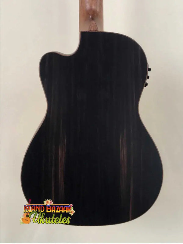 Black acoustic-electric guitar with cutaway design, featuring Kala Spruce Baritone and Striped Ebony