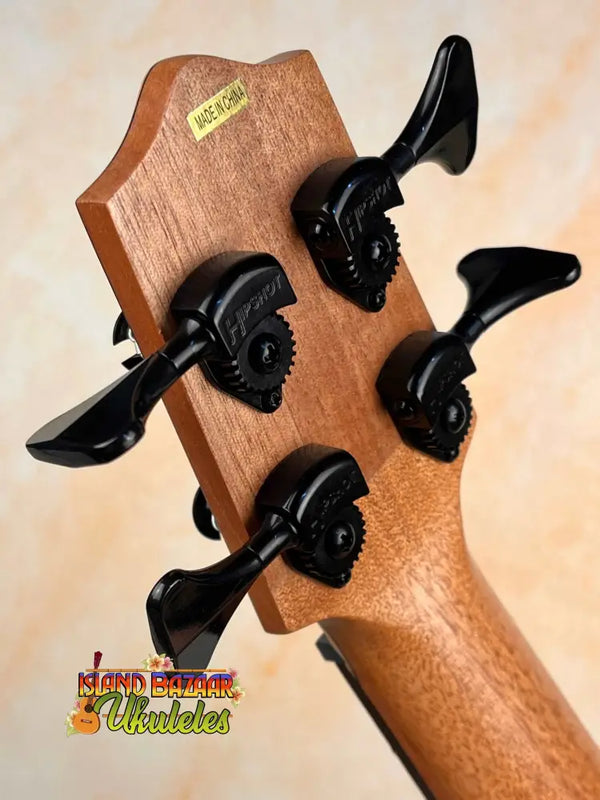 Bass guitar headstock with black tuning pegs on Kala UBASS-EBY-FSRW Striped Ebony Acoustic-Electric