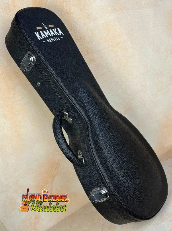 Black leather ukulele case with Kamaka branding for Kamaka HP-1 Pineapple Soprano Ukulele