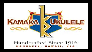 Kamaka Ukulele company logo featuring a stylized ’K’ with decorative text and Hawaiian origins.