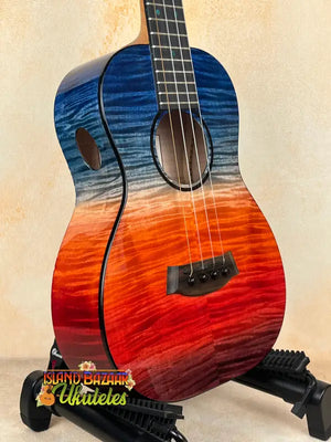 Colorful Kanileʻa ’Ilikai Tenor Ukulele on stand, perfect for Island Bazaar enthusiasts