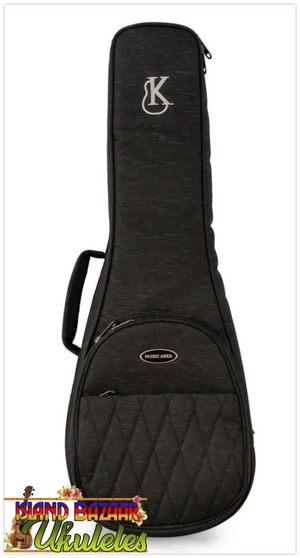 Black padded ukulele gig bag with quilted front pocket for Kanile’a KPA Pro Tenor Koa