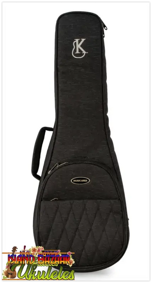 Black quilted ukulele case with silver embroidered logo and musicabra branding for kanileʻa kpa pro tenor ukulele