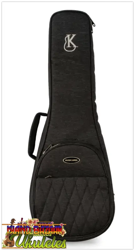 Black quilted ukulele case with silver embroidered logo and musicabra branding for kanileʻa kpa pro tenor ukulele