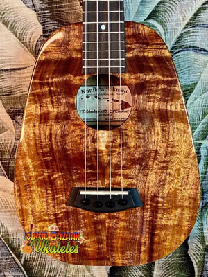 Beautiful Koa Tenor Ukulele with tiger stripe grain from Kanile’a Pineapple Hawaiian