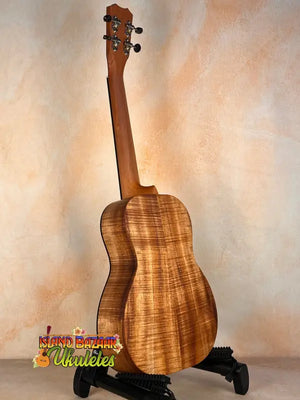 Beautiful Koa wood Kanile’a Premium Silk Tenor Ukulele K-2 on display with stunning grain