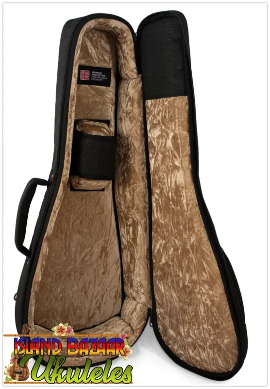 Open black guitar case with plush brown interior for Kanile’a Super Oha Series Koa Ukulele