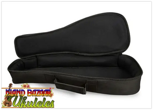 Open black koaloha tenor ukulele soft case with zipper and handle, showcasing Hawaiian ukulele craftsmanship