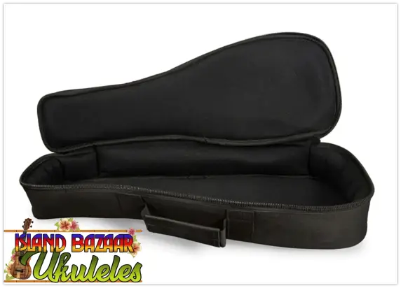 Open black koaloha tenor ukulele soft case with zipper and handle, showcasing Hawaiian ukulele craftsmanship