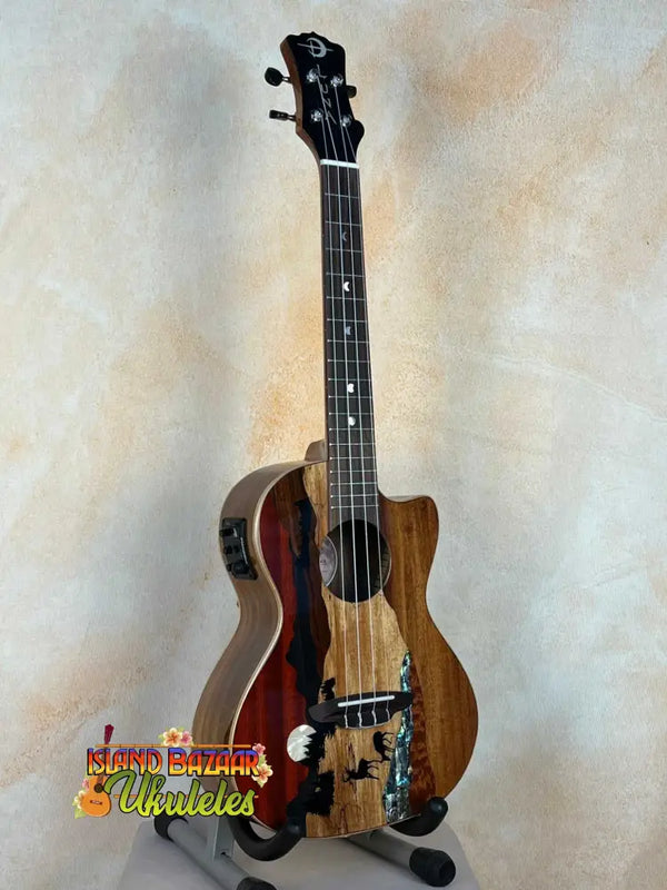 Electric-acoustic Luna Vista Tenor Ukulele with cutaway design and decorative wood patterns