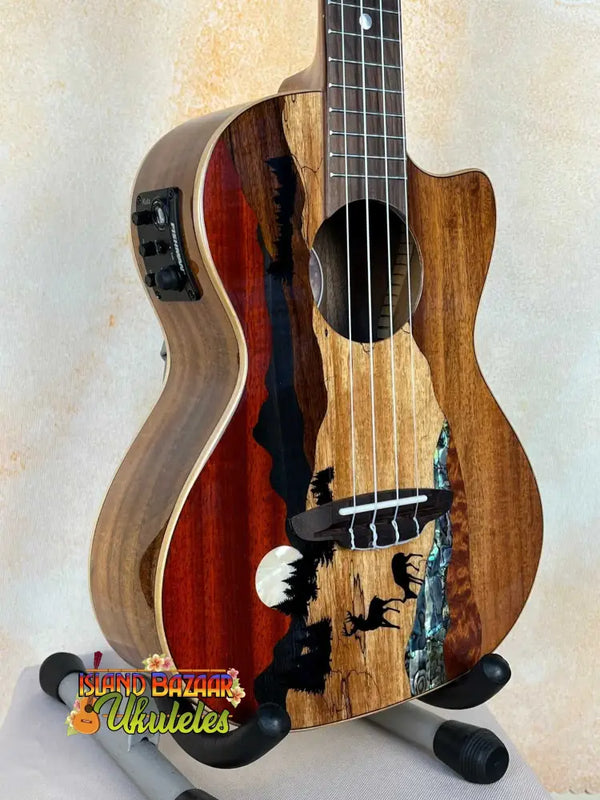 Wooden Luna Vista Tenor Ukulele with decorative artwork from Vista Series Deer