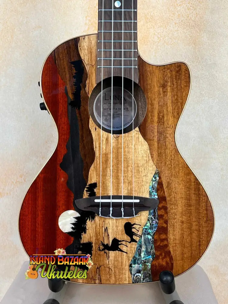 Wooden Luna Vista Tenor Ukulele with eagle artwork, part of Vista Series Deer collection