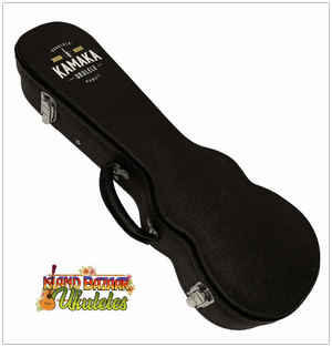 Black hardshell guitar case with metal latches for Kamaka HF-2 Solid Koa Ukulele