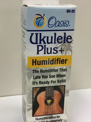 Oasis OH-32 Ukulele Humidifier box featuring acoustic instrument illustration for extreme dry weather
