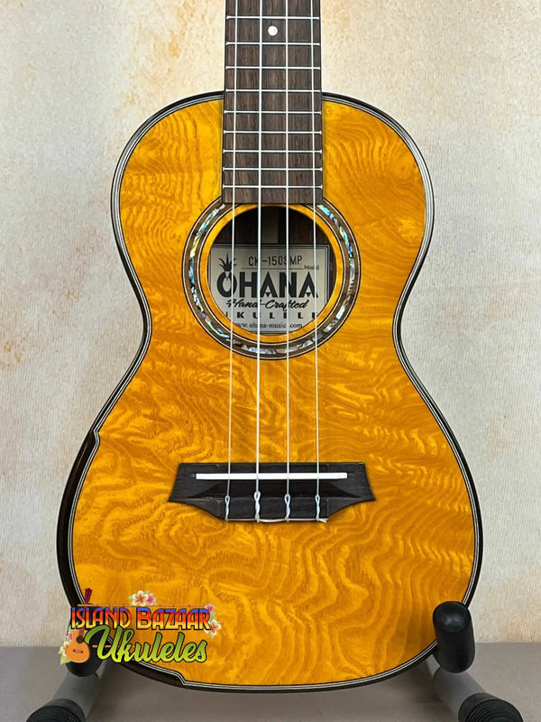 Honey-colored Ohana CK-150SMP Spalted Mango Concert Ukulele with Abalone Rosette design