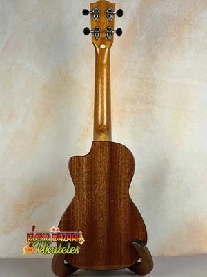 Ohana CK-60CG Mahogany Concert Ukulele with cutaway, dark brown body on stand