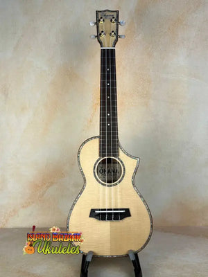 Natural wood Ohana CK-75CG Concert Ukulele with decorative binding and cutaway design