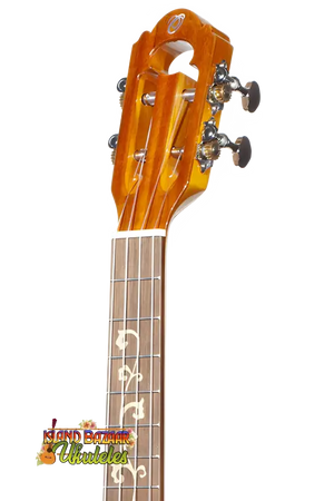 Ornate wooden headstock and fretboard of Ohana Limited Edition 575G Series Koa Ukulele