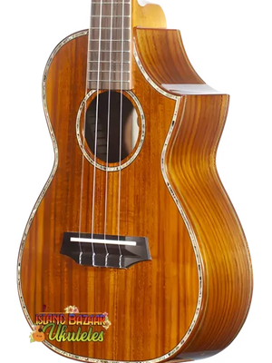 Brown wooden Ohana Limited Edition Acacia 7-Series Tenor Ukulele for premium sound