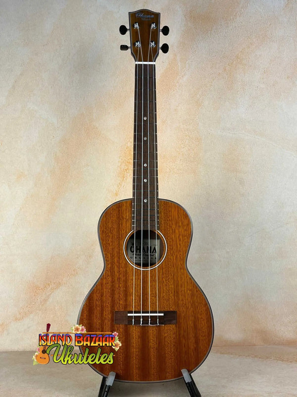 Ohana TK-35G Solid Mahogany Tenor Ukulele with four strings and dark fretboard