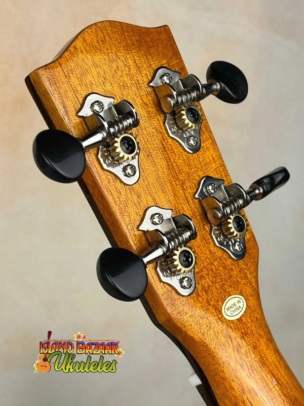 Guitar headstock with chrome tuning pegs on Ohana TK-35G Solid Mahogany Tenor Ukulele