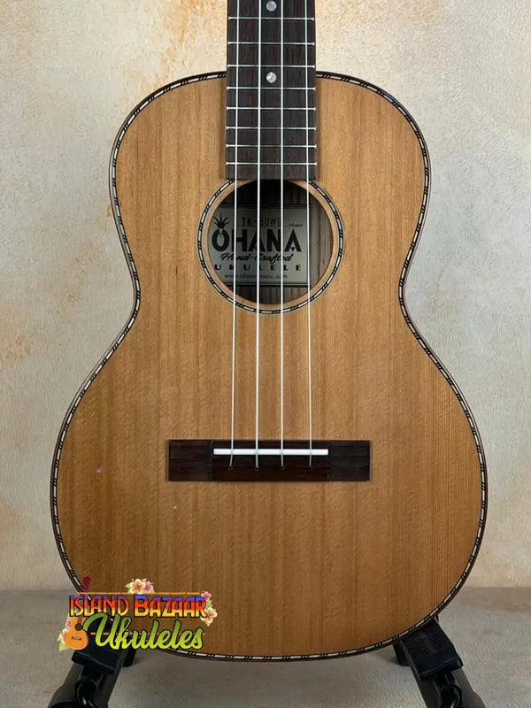 Ohana TK-50WG Tenor Ukulele in Solid Cedar with decorative binding and vibrant design