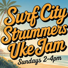 Orange cursive text reading ’surf city strummers uke jam’ with black outlines, set against a beach scene backdrop.